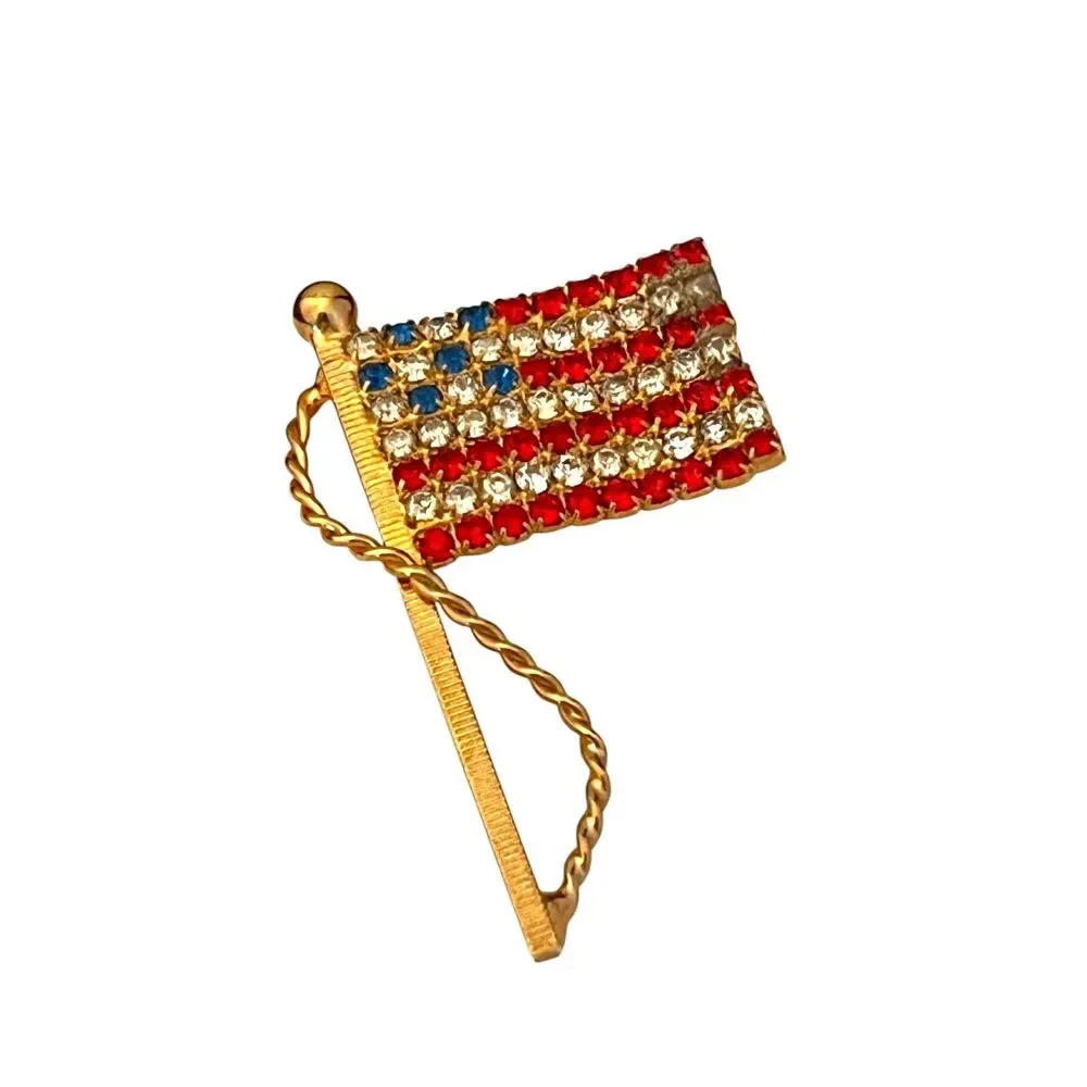 Vintage 1960s American Flag Brooch Red White Blue Rhinestone Gold Tone - 1F